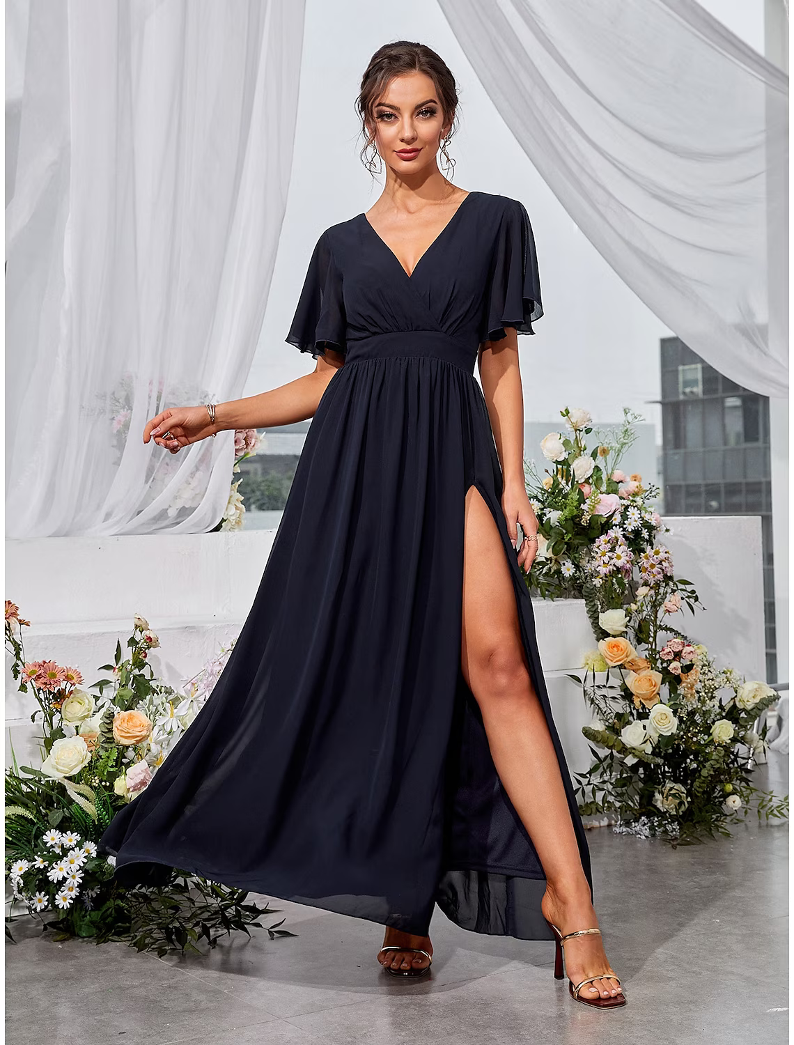 A-Line Wedding Guest Dresses Elegant Dress Holiday Floor Length Short Sleeve V Neck Chiffon Backless with Slit