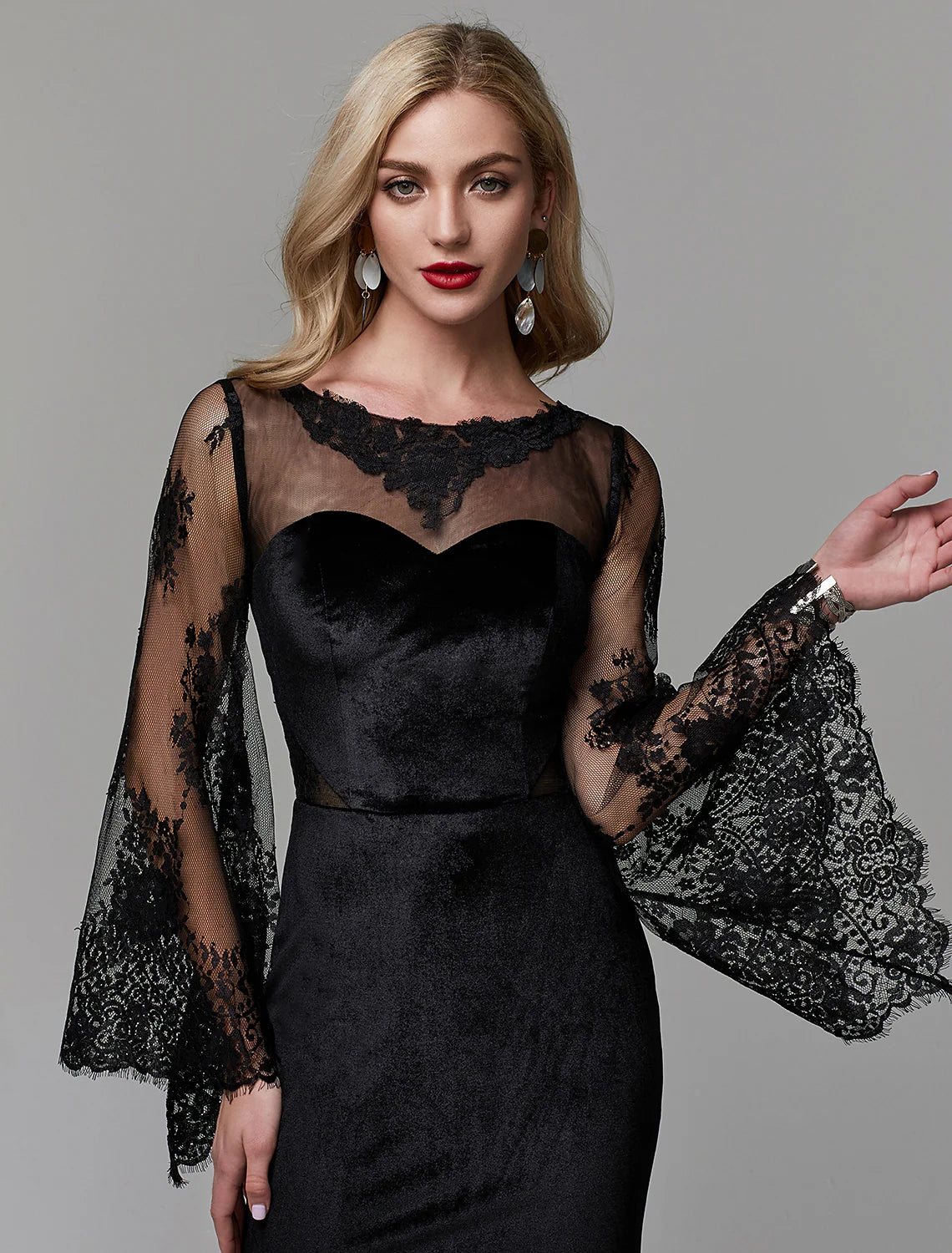 Elegant Dress Wedding Guest Floor Length Long Sleeve Lace