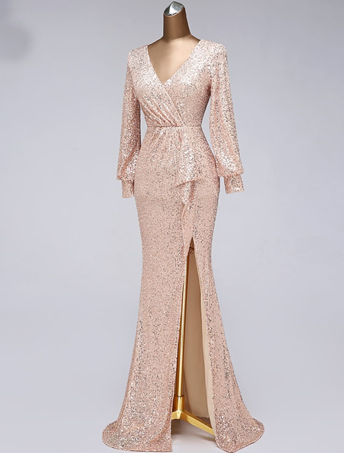 Evening Gown Elegant Dress Wedding Guest Floor Length Long Sleeve V Neck Tulle with Sequin Slit