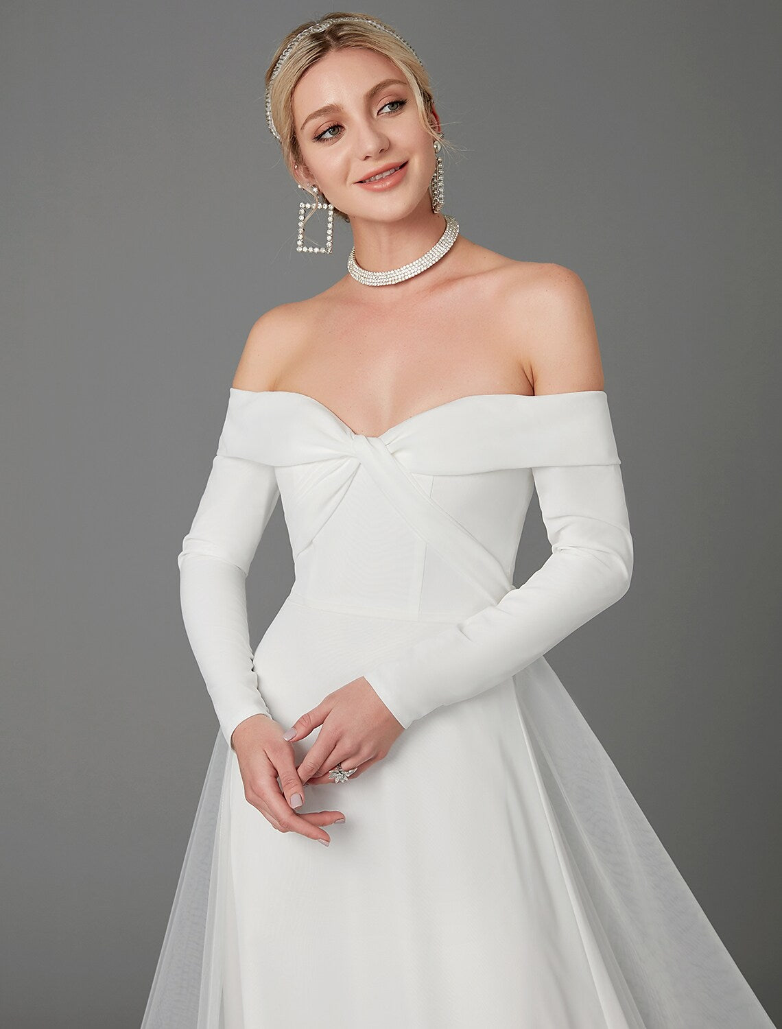 Engagement Formal Wedding Dresses A-Line Long Sleeve Off Shoulder Chiffon With