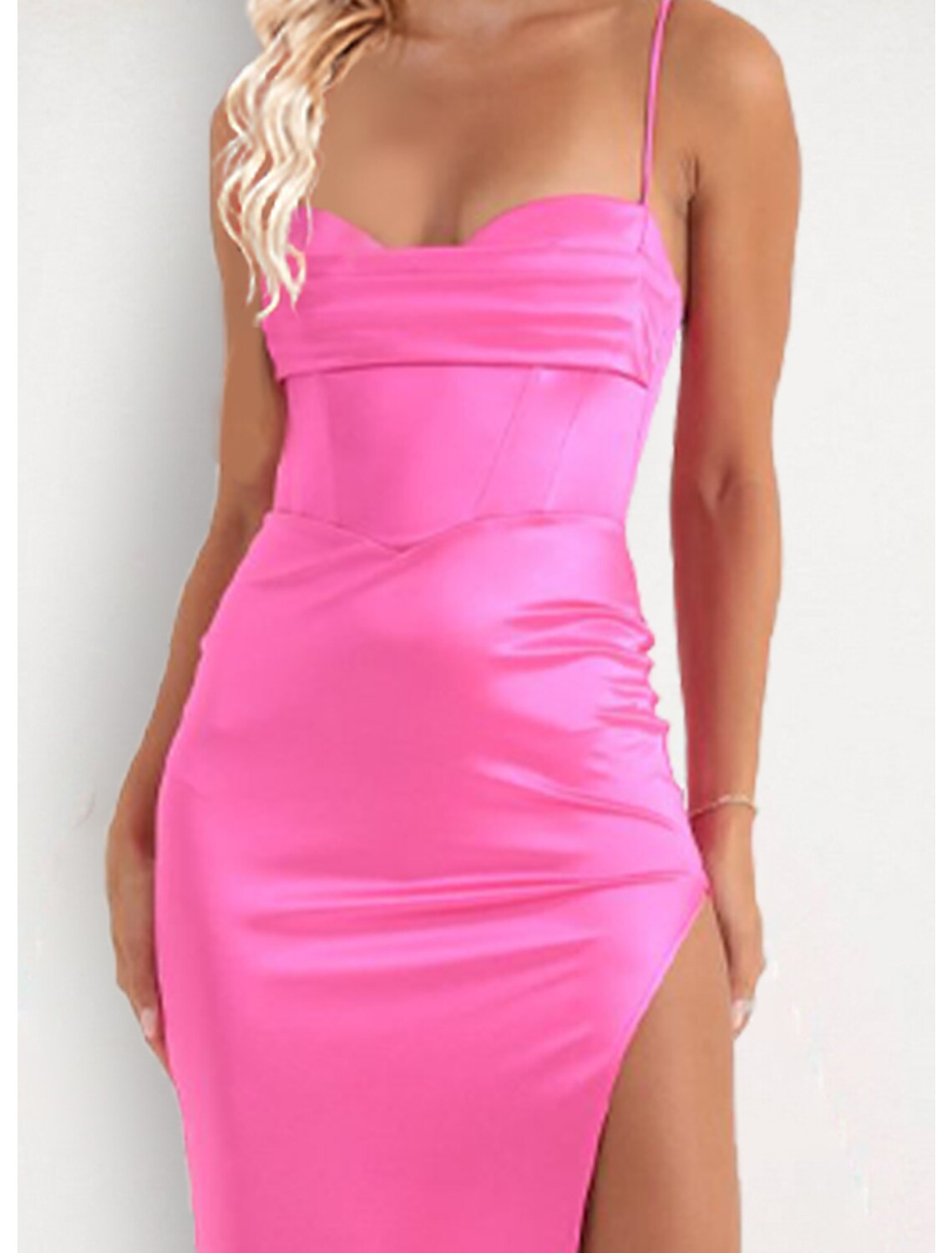 Evening Gown Dress Formal Floor Length Sleeveless Strap Stretch Satin with Slit