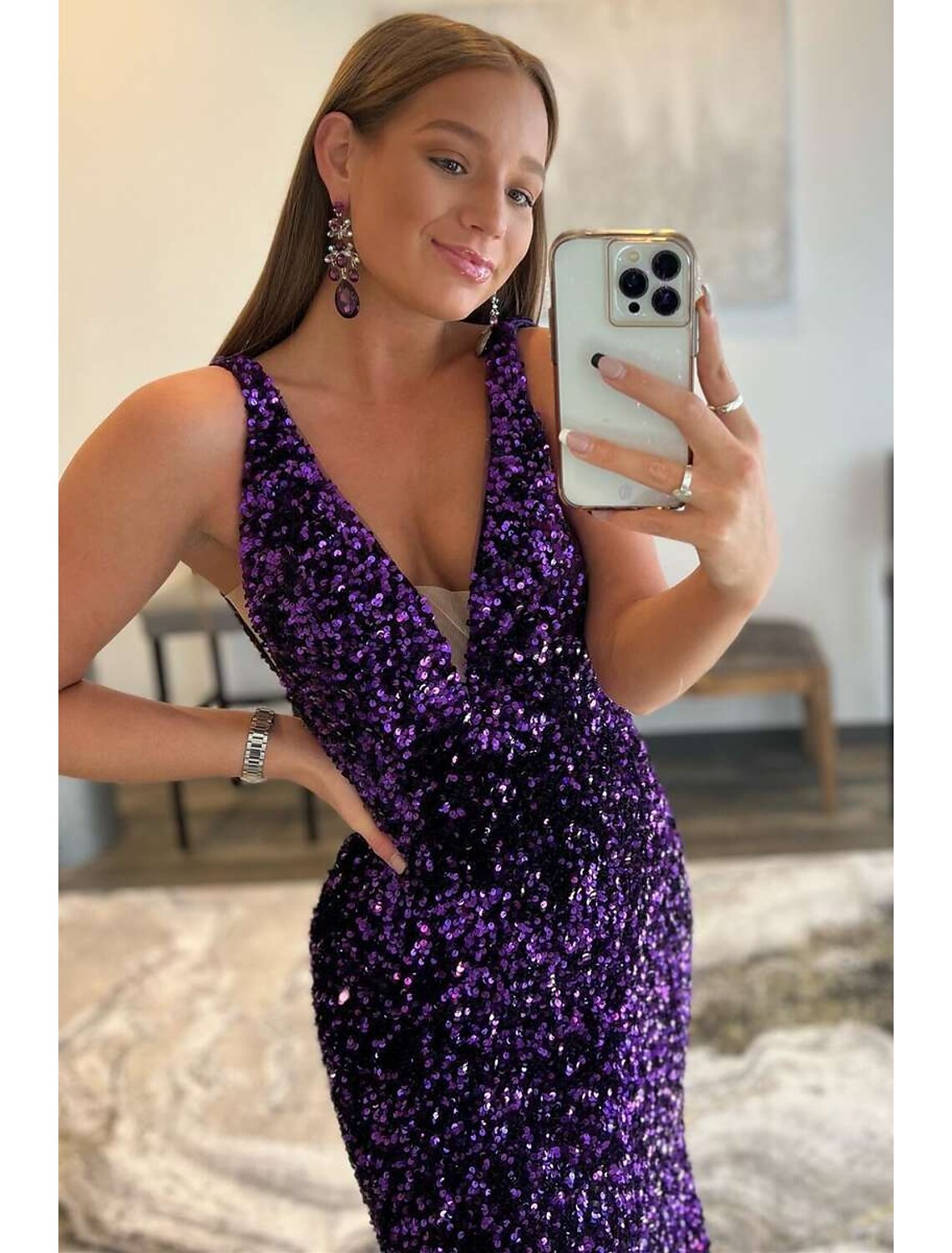 Prom Dresses Dress Formal Sleeveless V Neck Sequined Backless with Sequin