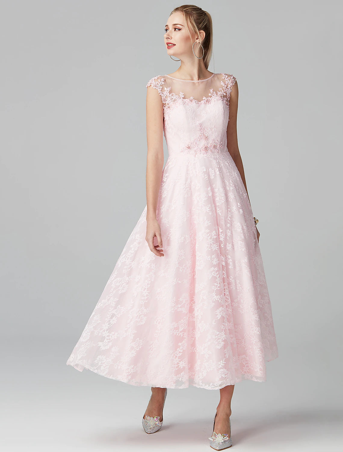 A-Line Prom Dresses Evening Party Ankle Length Short Sleeve Lace Zipper Applique