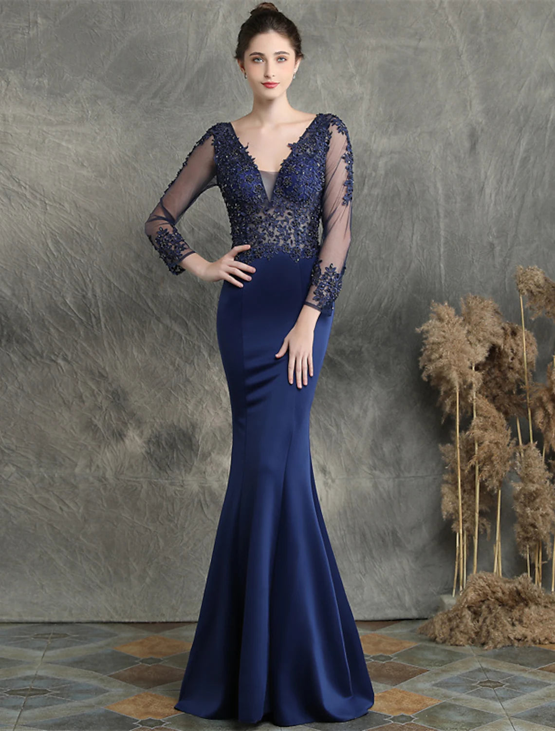 Prom Dresses Elegant Dress Long Sleeve V Neck Cotton Blend with Beading Appliques