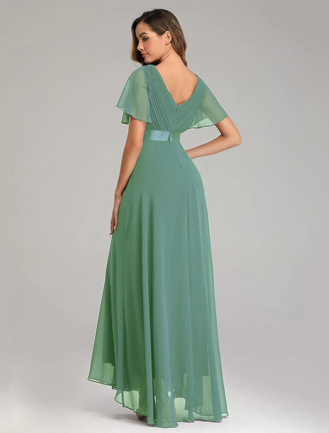 A-Line Prom Dresses Dress Graduation Floor Length Short Sleeve V Neck Chiffon V Back with Ruched Ruffles