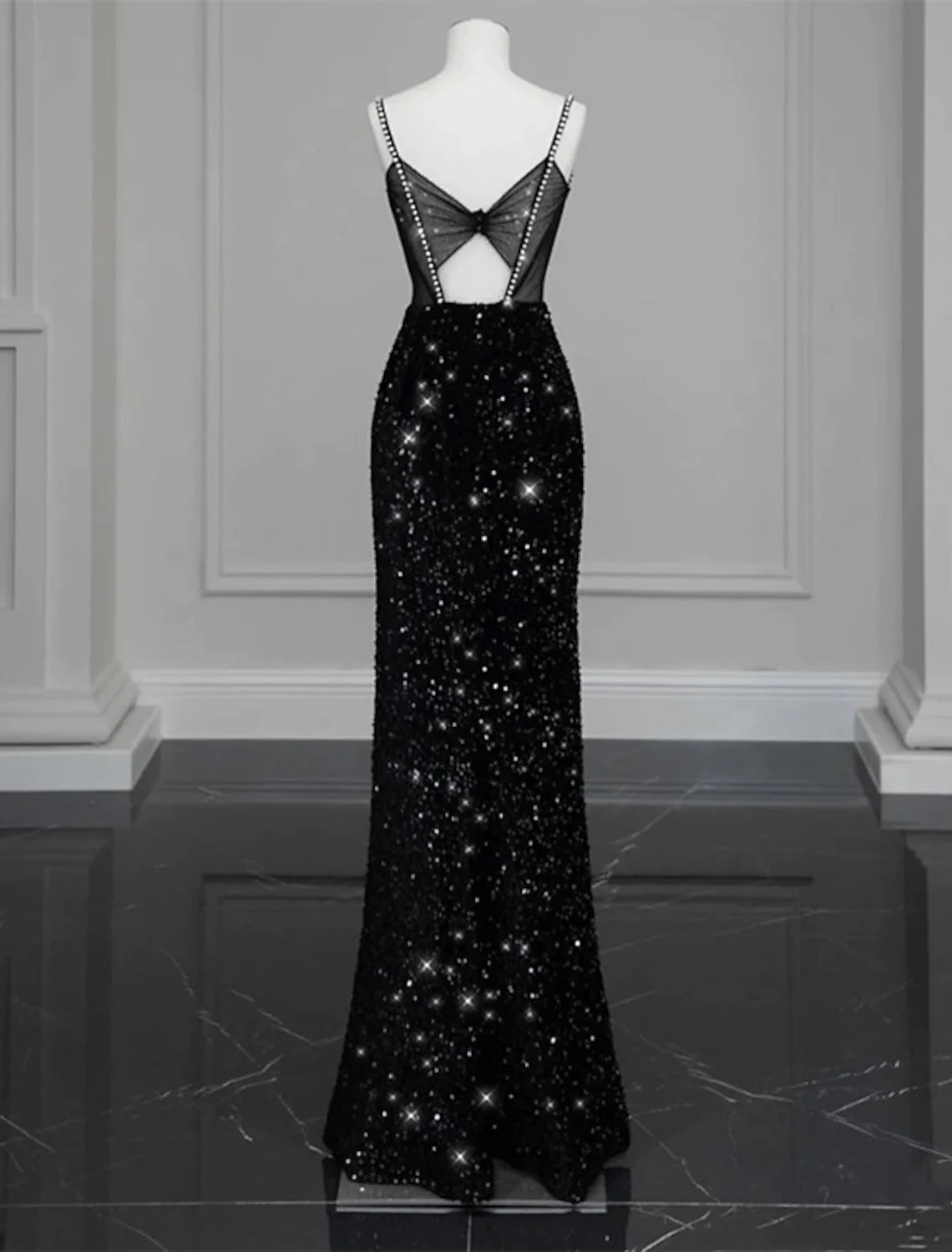 Evening Gown Sexy Dress Formal Floor Length Sleeveless Strap Sequined with Bow(s) Crystals