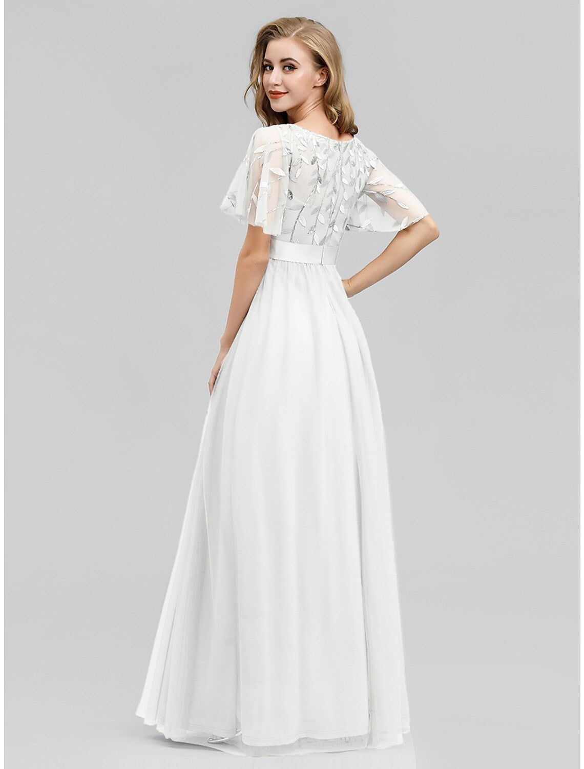 A-Line Prom Dresses Dress Wedding Guest Floor Length Short Sleeve Tulle with Sequin Appliques