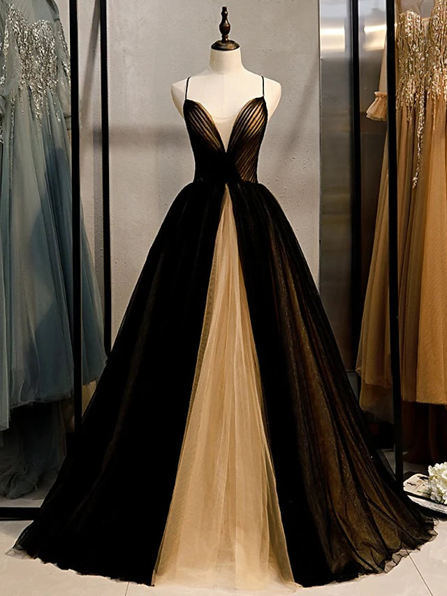 A-Line Evening Gown Dress Engagement Sleeveless V Neck Tulle Crisscross Back with Pleats