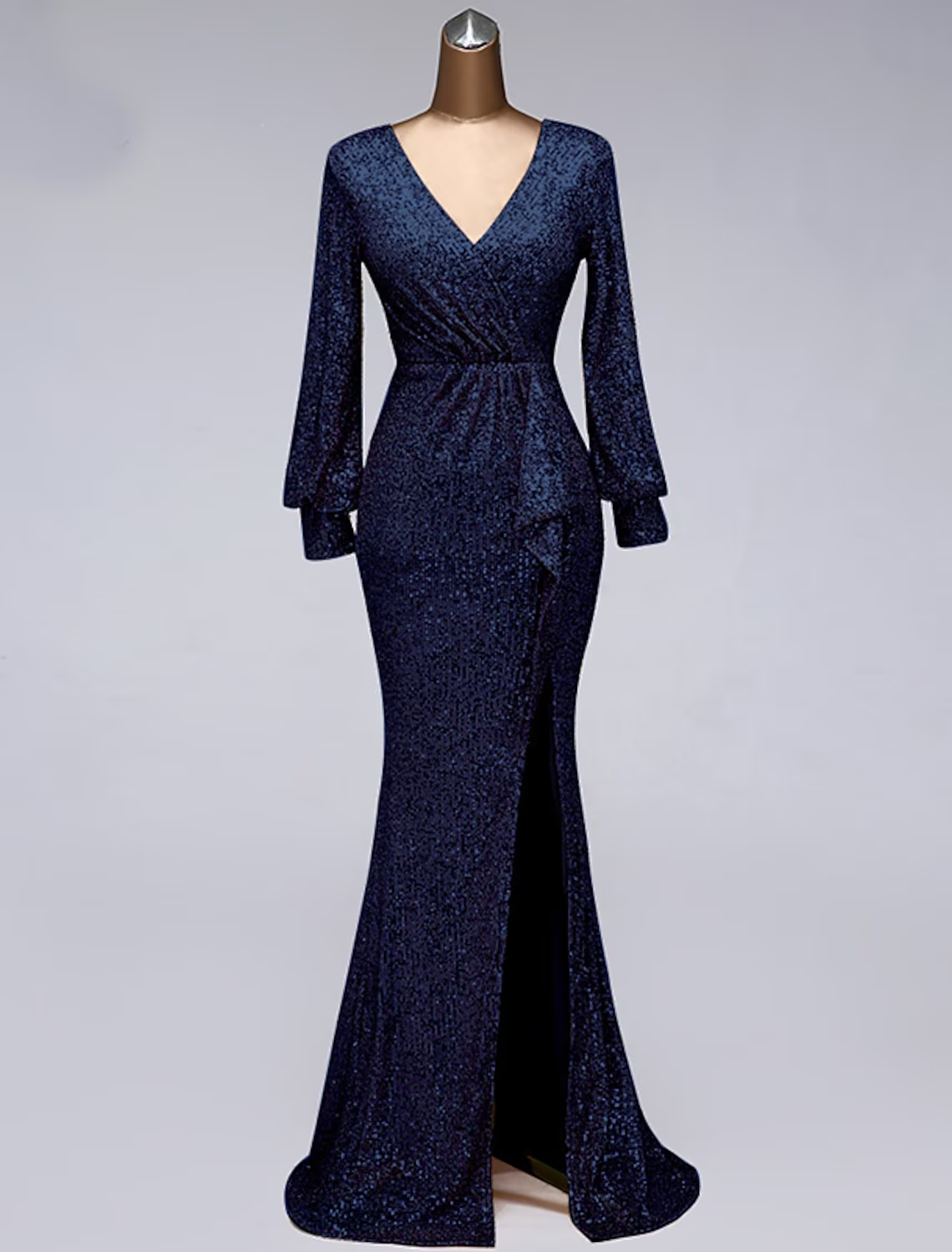 Evening Gown Elegant Dress Wedding Guest Floor Length Long Sleeve V Neck Tulle with Sequin Slit