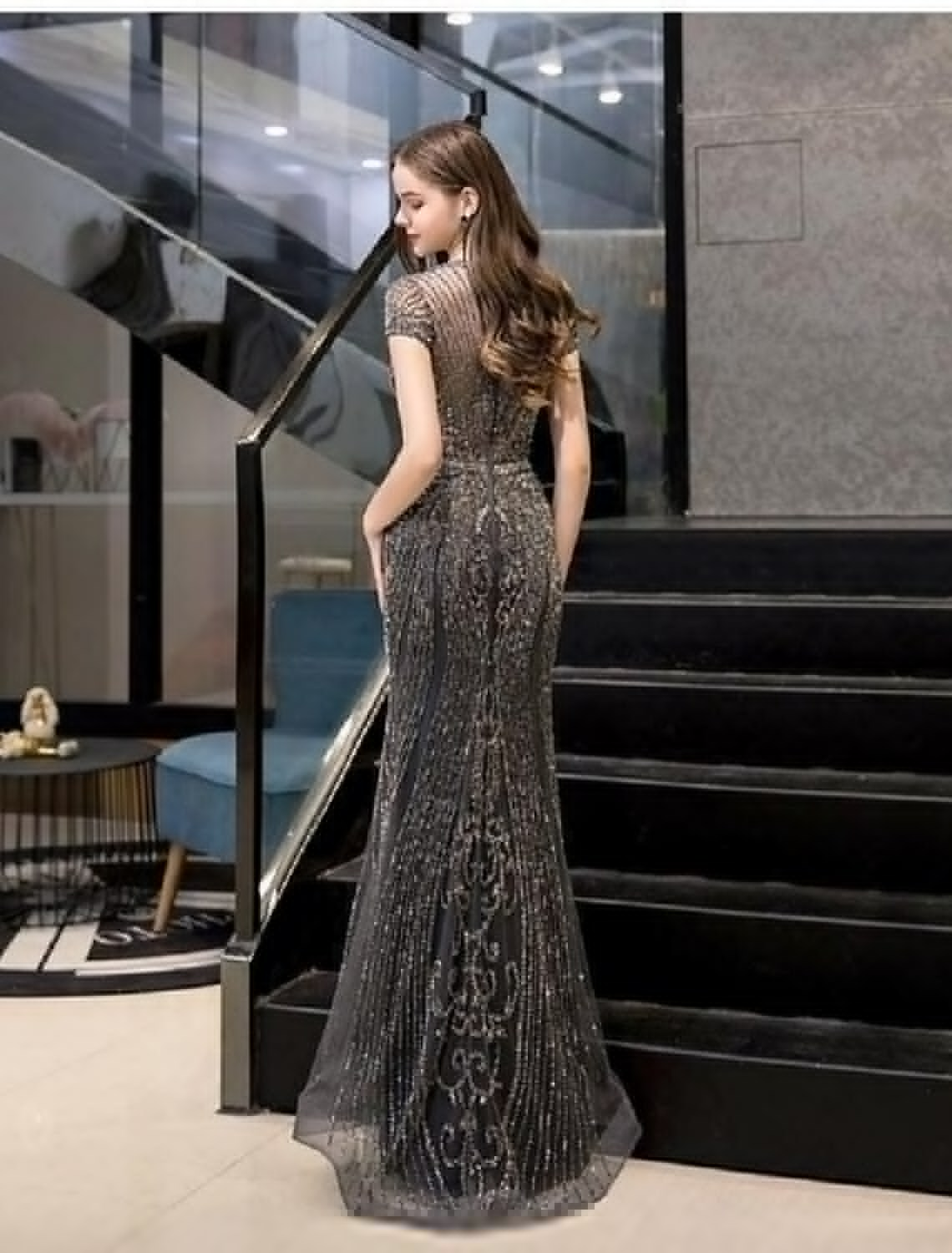 Evening Gown Luxurious Dress Engagement Short Sleeve Jewel Neck Tulle with Beading