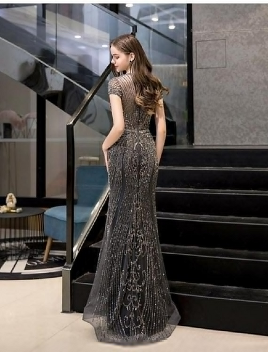 Evening Gown Luxurious Dress Engagement Short Sleeve Jewel Neck Tulle with Beading
