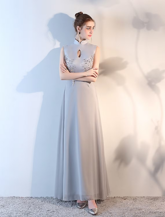 Evening Gown Beautiful Back Dress Wedding Guest Floor Length Sleeveless High Neck Chiffon with Applique