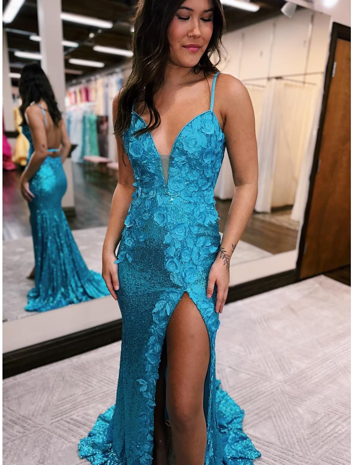 Prom Dresses Sparkle Shine Dress Formal Sleeveless V Neck Sequined Backless with Sequin Appliques