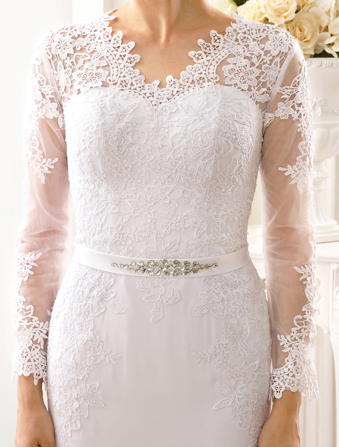 Engagement Open Back Formal Wedding Dresses Long Sleeve V Neck Chiffon Sash Appliques