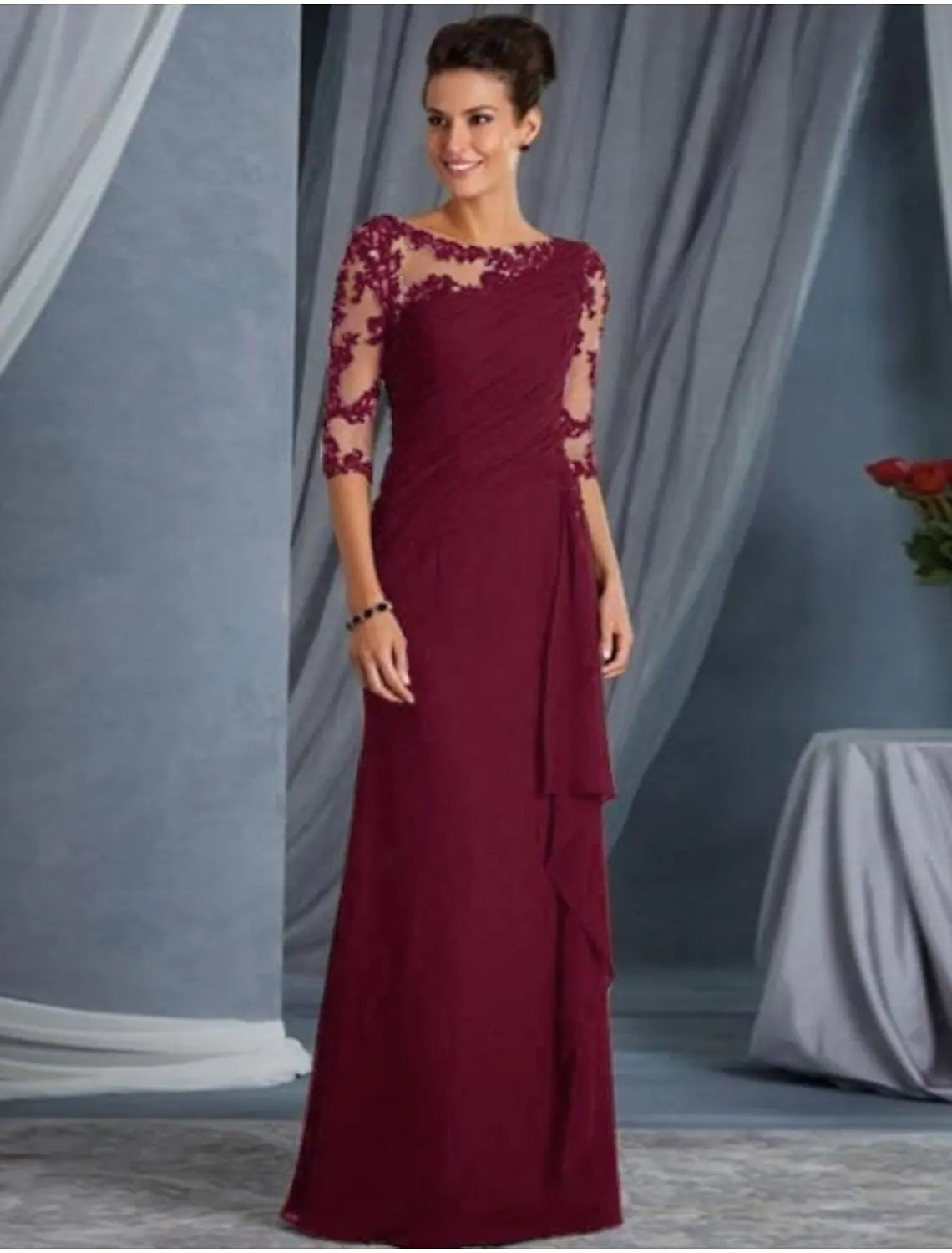 Evening Gown Elegant Dress Wedding Guest Floor Length Half Sleeve Lace Appliques