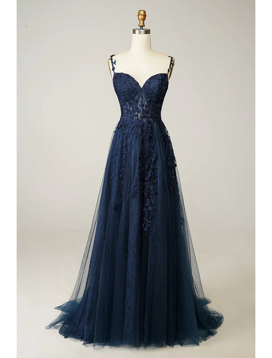A-Line Prom Dresses Dress Formal Sleeveless Sweetheart Tulle Backless with Beading Slit Appliques