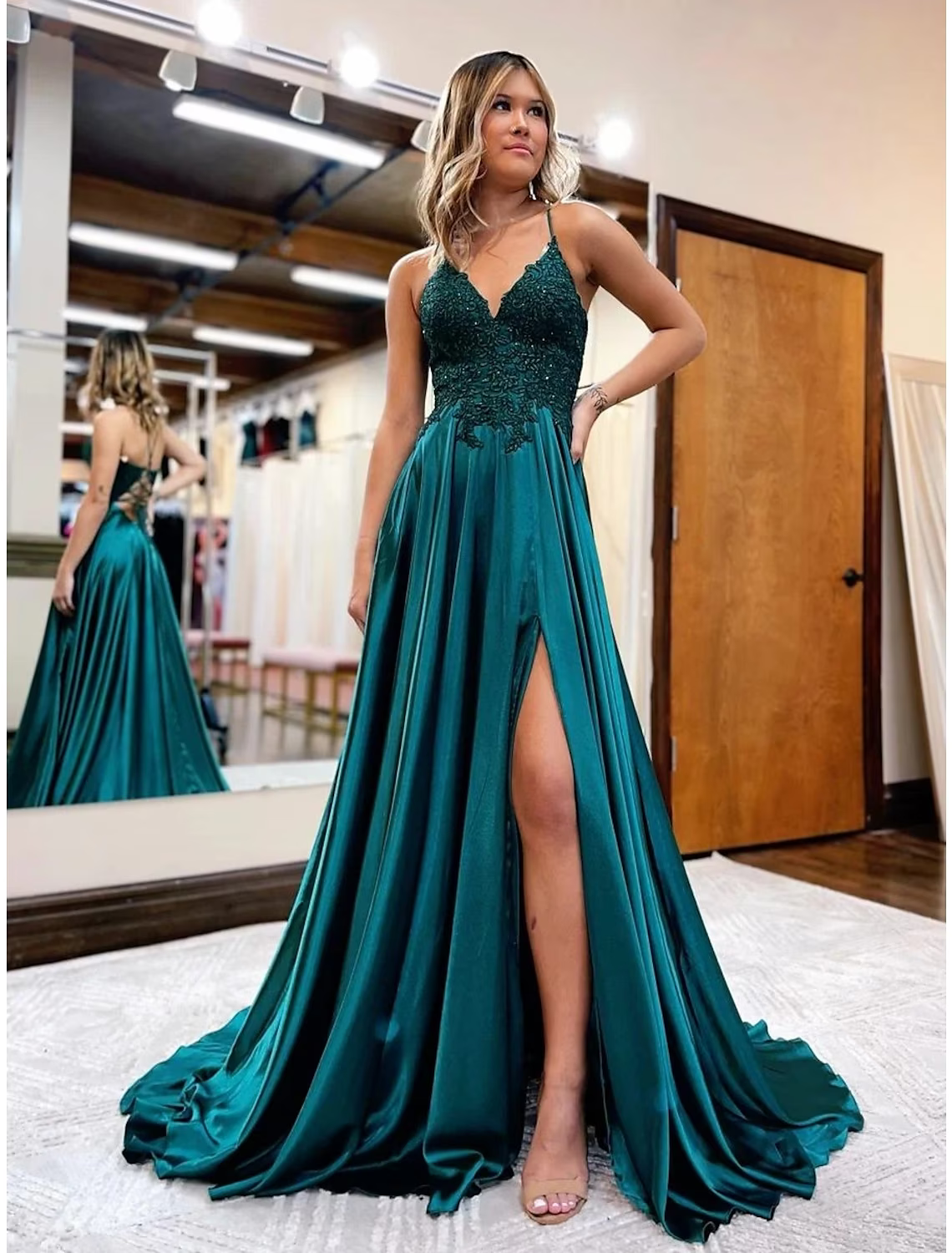A-Line Prom Dresses Dress Formal Sleeveless V Neck Satin Backless with Beading Appliques