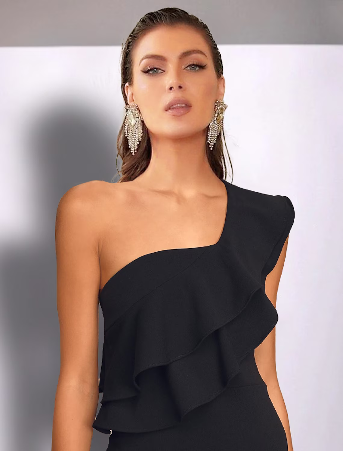 Mermaid / Trumpet Wedding Guest Dresses Black Dress Wedding Party Floor Length Sleeveless One Shoulder Chiffon with Ruffles