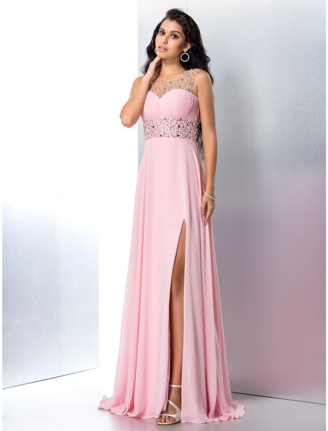 A-Line Prom Dresses Sparkle Shine Dress Party Wear Sleeveless Jewel Neck Chiffon with Rhinestone Slit
