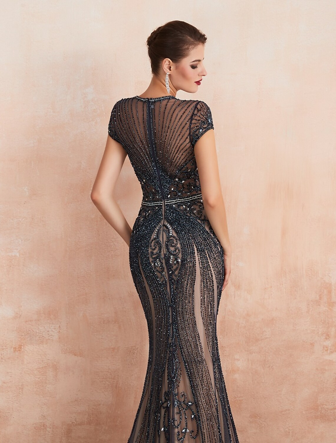 Evening Gown Luxurious Dress Engagement Short Sleeve Jewel Neck Tulle with Beading