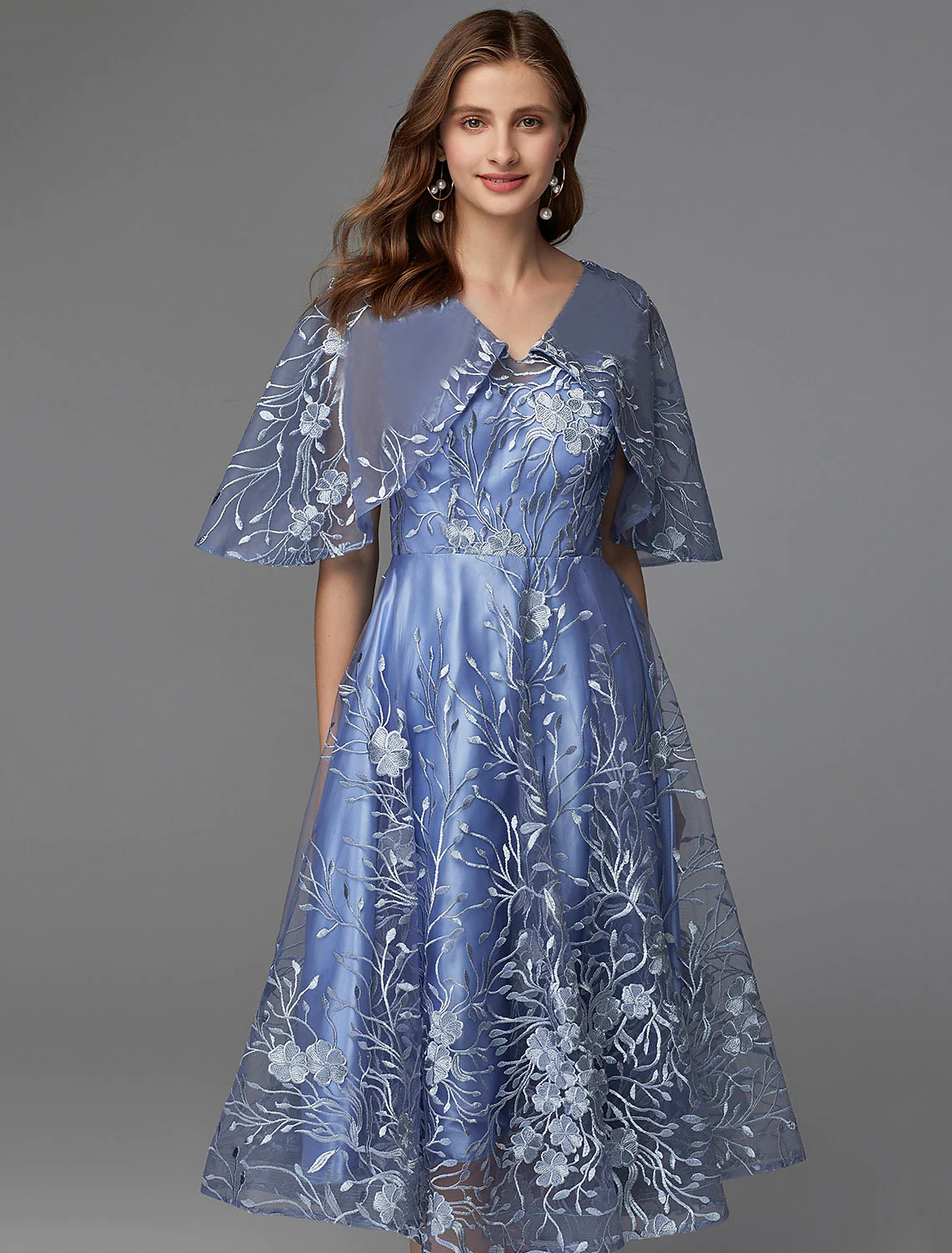 A-Line Floral Dress Wedding Guest Sleeveless V Neck Lace V Back with Pattern Print Appliques