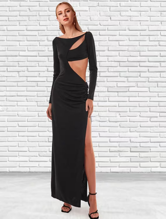 Prom Dresses Vintage Dress Floor Length Long Sleeve Strap Detachable Stretch Fabric Backless with Slit
