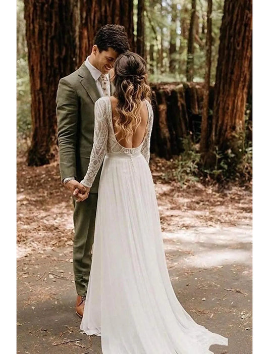 Beach Open Back Wedding Dresses  A-Line Long Sleeve  Lace With Pleats Appliques
