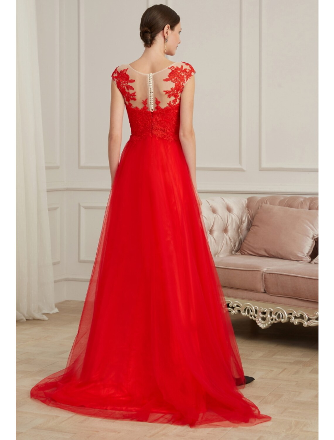 Evening Gown Elegant Dress Engagement Sleeveless Illusion Neck Lace with Slit Appliques