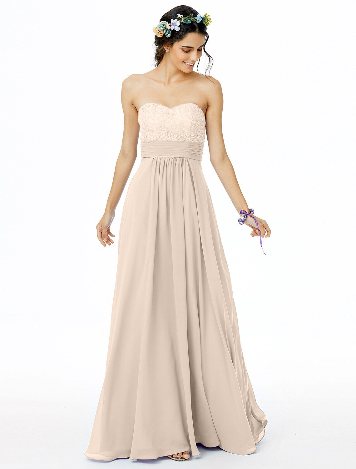 A-Line Bridesmaid Dress Sweetheart Neckline Sleeveless Open Back Floor Length Chiffon / Lace with Lace / Sash / Ribbon / Ruched