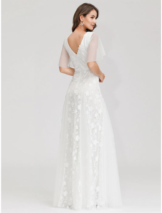 Open Back Dresses A-Line Short Sleeve V Neck Tulle Lace Appliques
