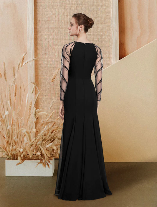 A-Line Evening Gown Luxurious Dress Prom Floor Length Long Sleeve Jewel Neck Chiffon with Pleats Sequin