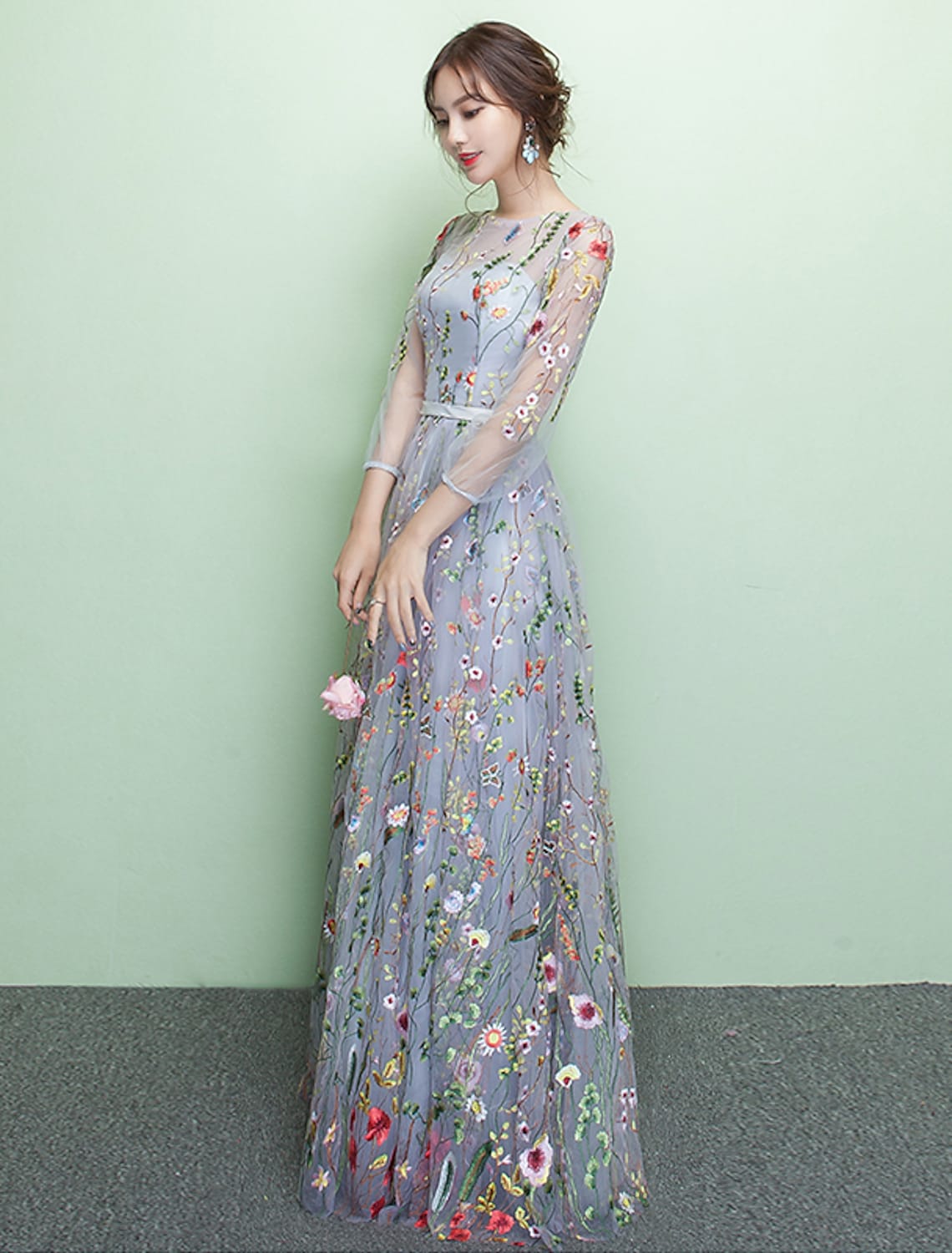 A-Line Elegant Formal Evening Dress Length Sleeve Floor Length Lace with Embroidery