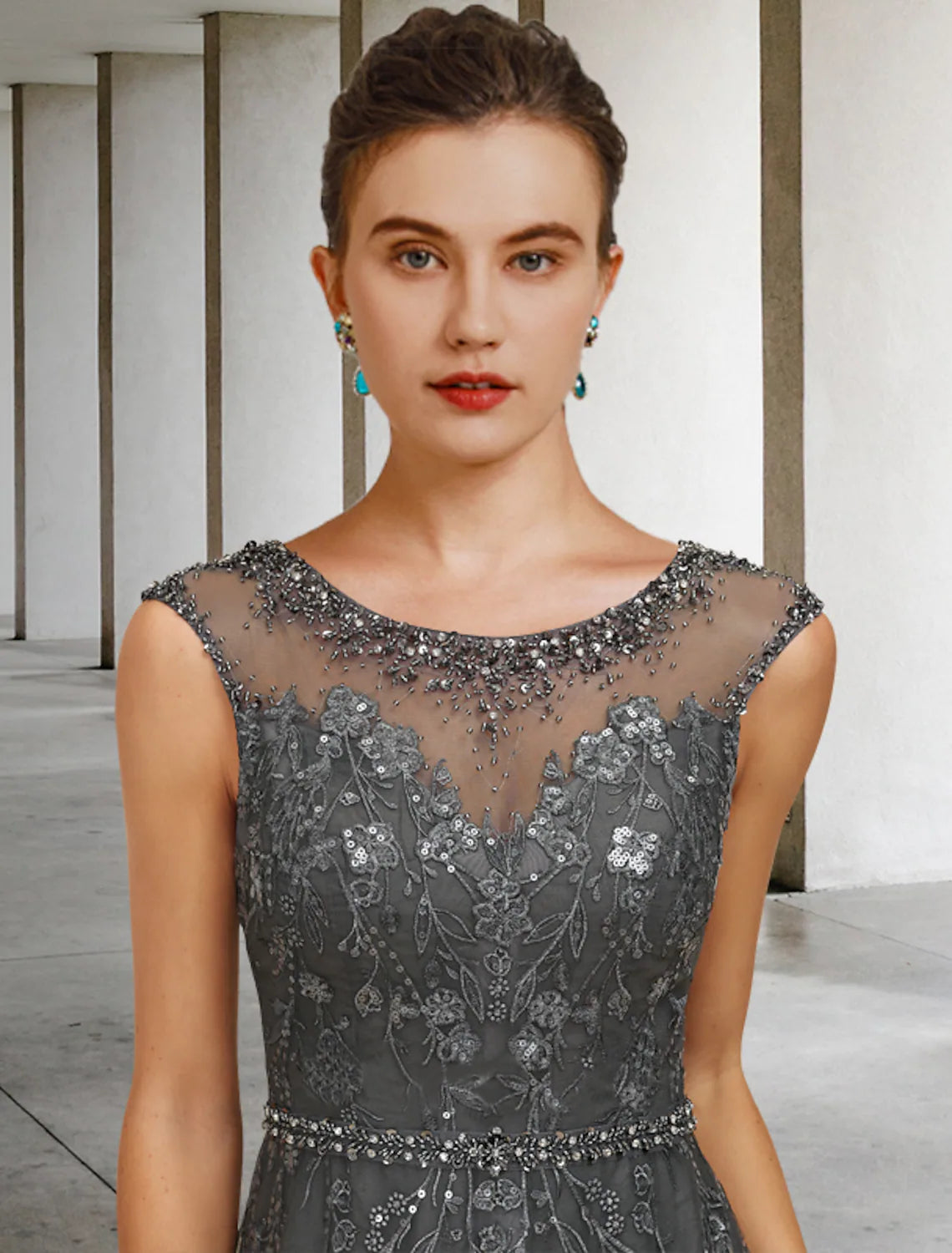 A-Line Mother of the Bride Dress Luxurious Elegant Floor Length Lace Tulle Sleeveless with Sash Ribbon Beading Sequin