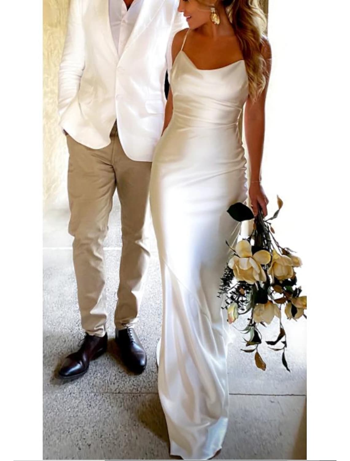 Open Back Casual Wedding Dresses Sleeveless Square Neck Strap Charmeuse Ruched