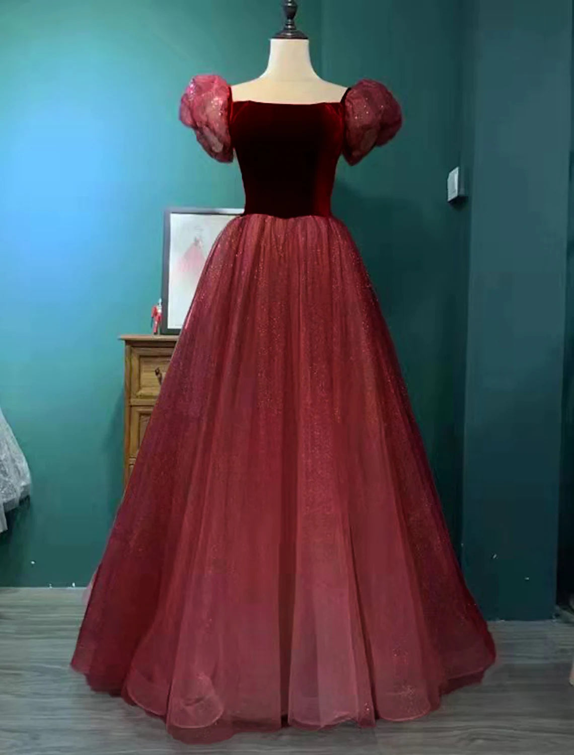 Dresses Engagement Floor Length Short Sleeve Square Neck Tulle with Sequin Splicing