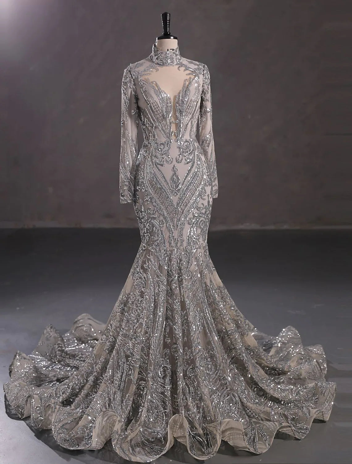 Evening Gown Elegant Dress Engagement Long Sleeve Stand Collar Lace with Sequin