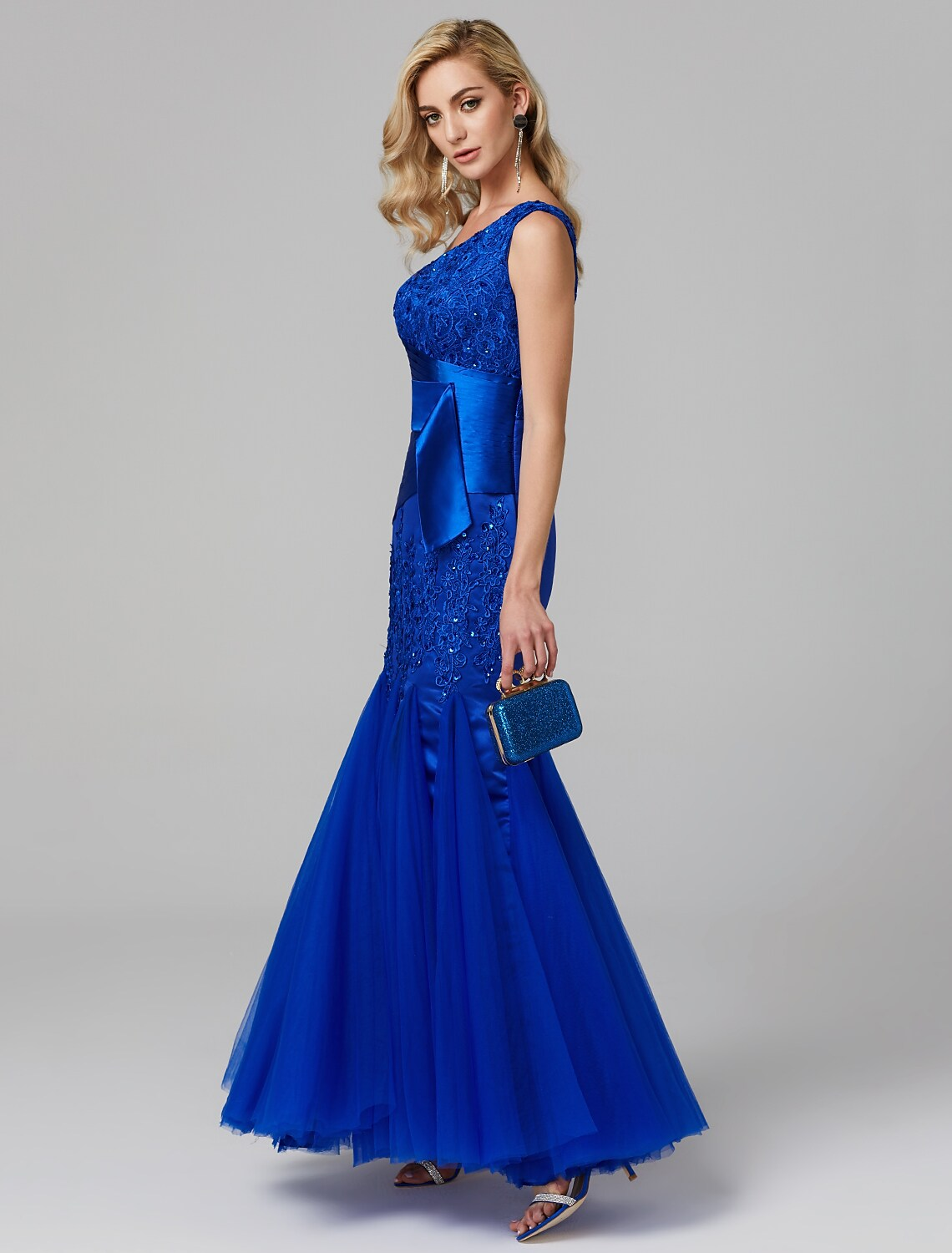 Elegant Dress Holiday Floor Length Sleeveless One Shoulder Lace Over Tulle with