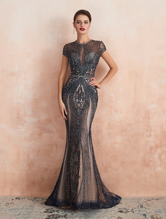Evening Gown Luxurious Dress Engagement Short Sleeve Jewel Neck Tulle with Beading