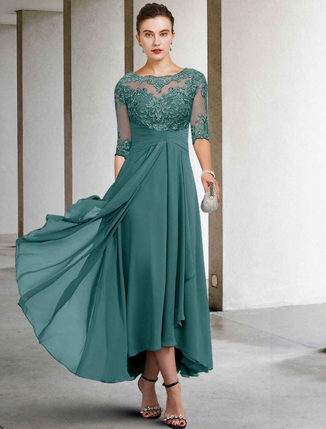 A-Line Mother of the Bride Dress Plus Size Elegant Asymmetrical Ankle Length Chiffon Lace Half Sleeve Beading Appliques