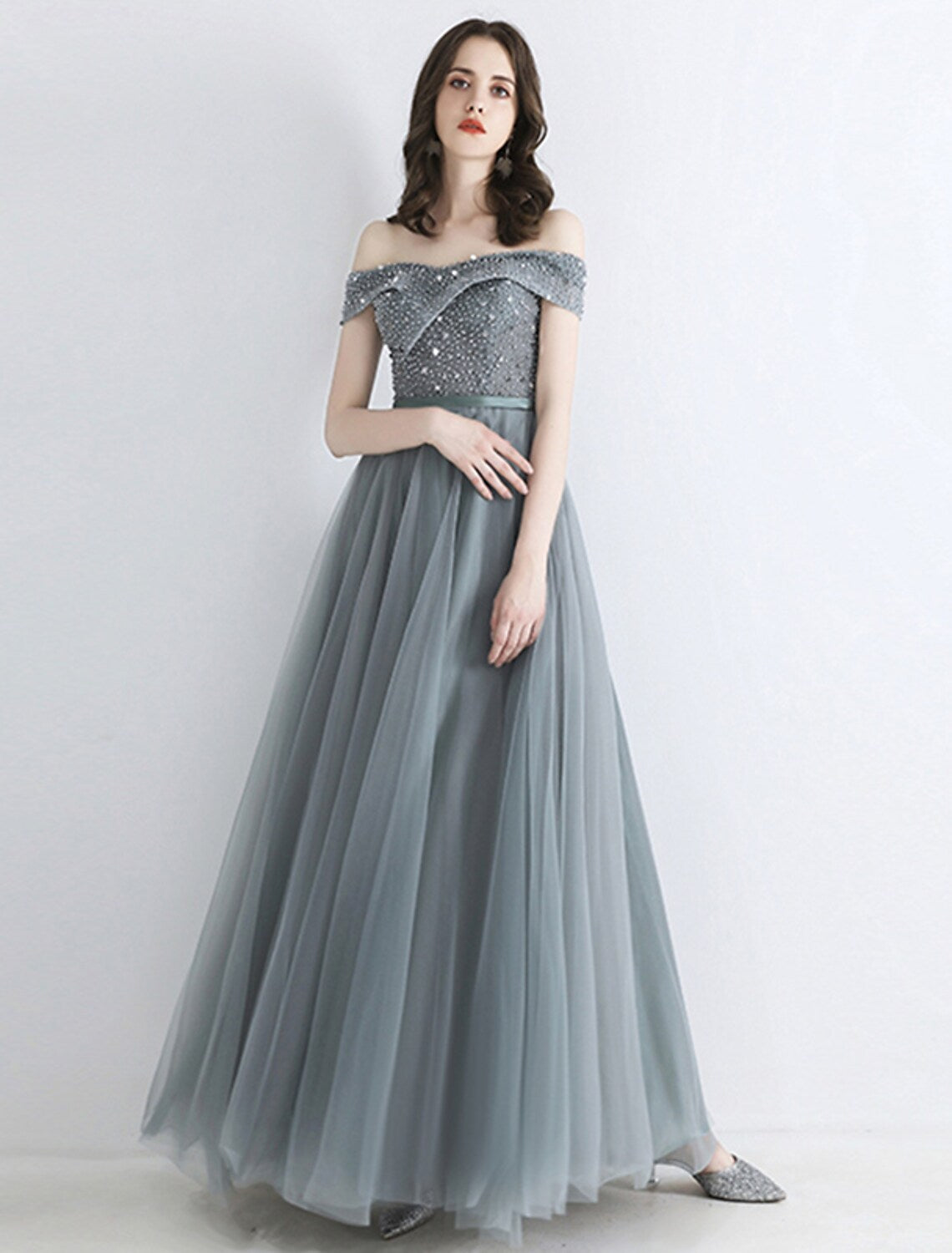 Prom Dresses Engagement Floor Length Short Sleeve off Shoulder Tulle Sash Ribbon Beading