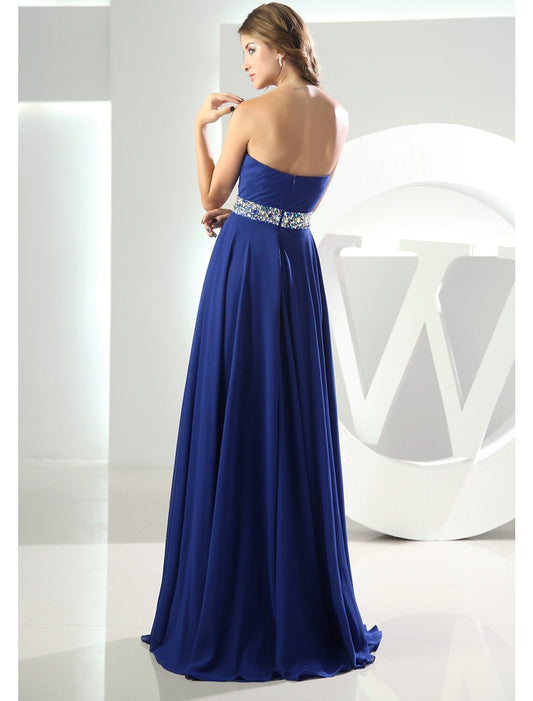 A-Line Evening Gown Dress Wedding Floor Length Sleeveless Sweetheart Chiffon with Crystals