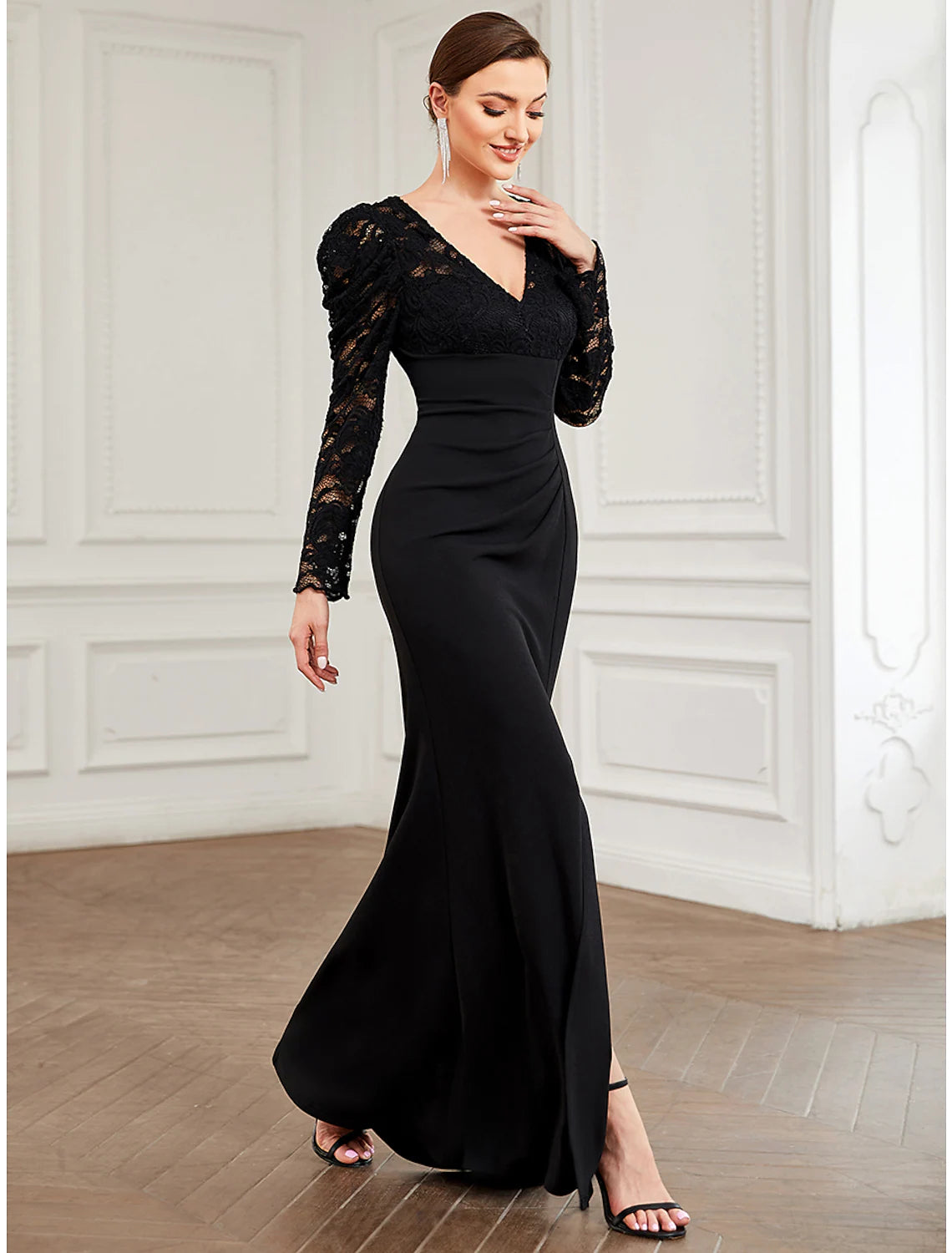 A-Line Evening Gown Vintage Dress Formal Floor Length Long Sleeve V Neck Lace with