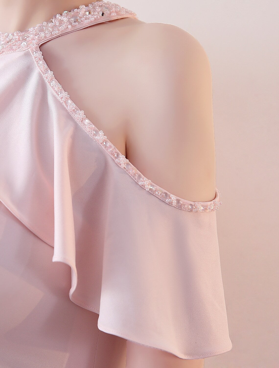 Prom Dresses Floor Length Short Sleeve Halter Jersey Beading Ruffles