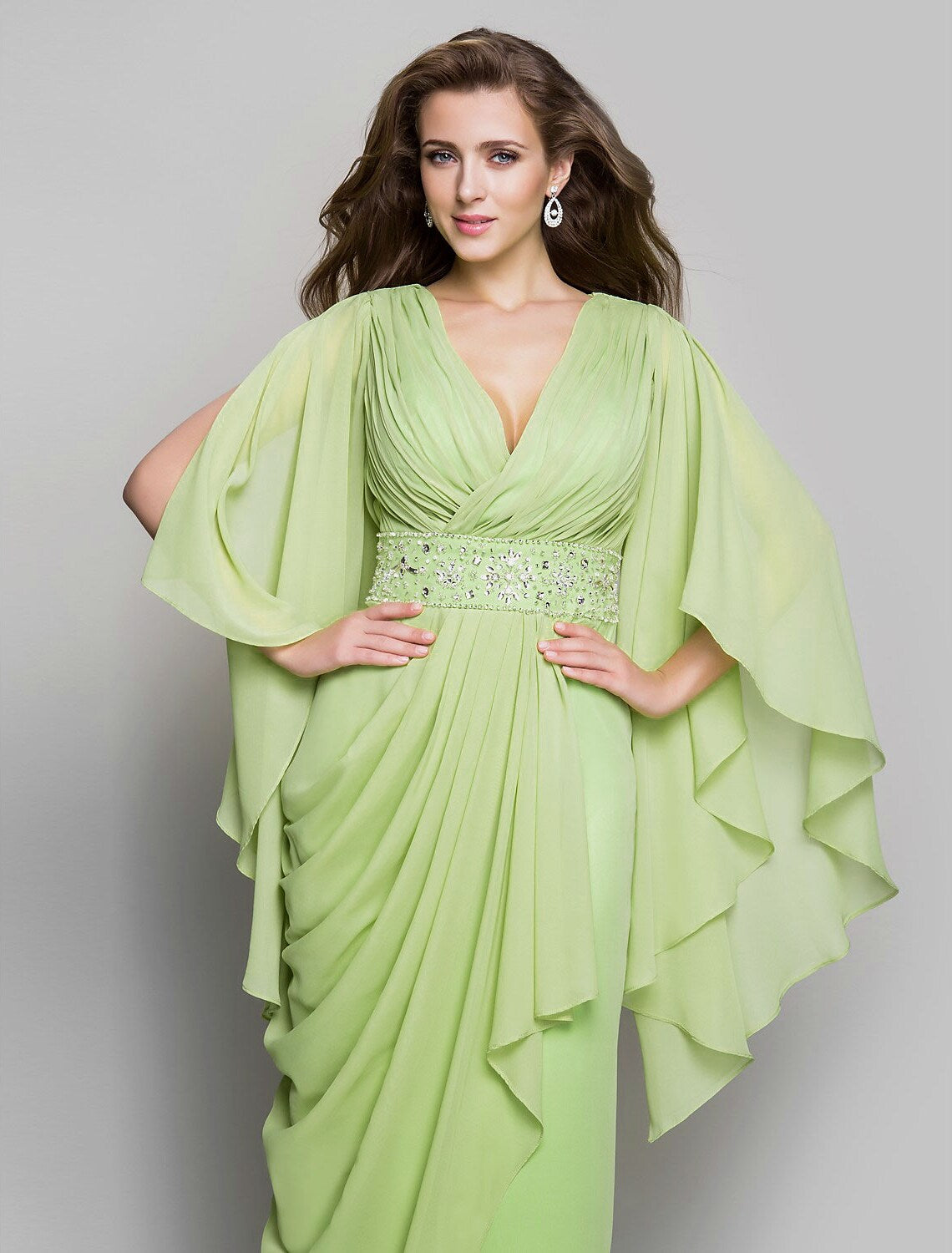 Elegant Dress Wedding Guest Floor Length Long Sleeve V Neck Chiffon V Back Crystals Side Draping