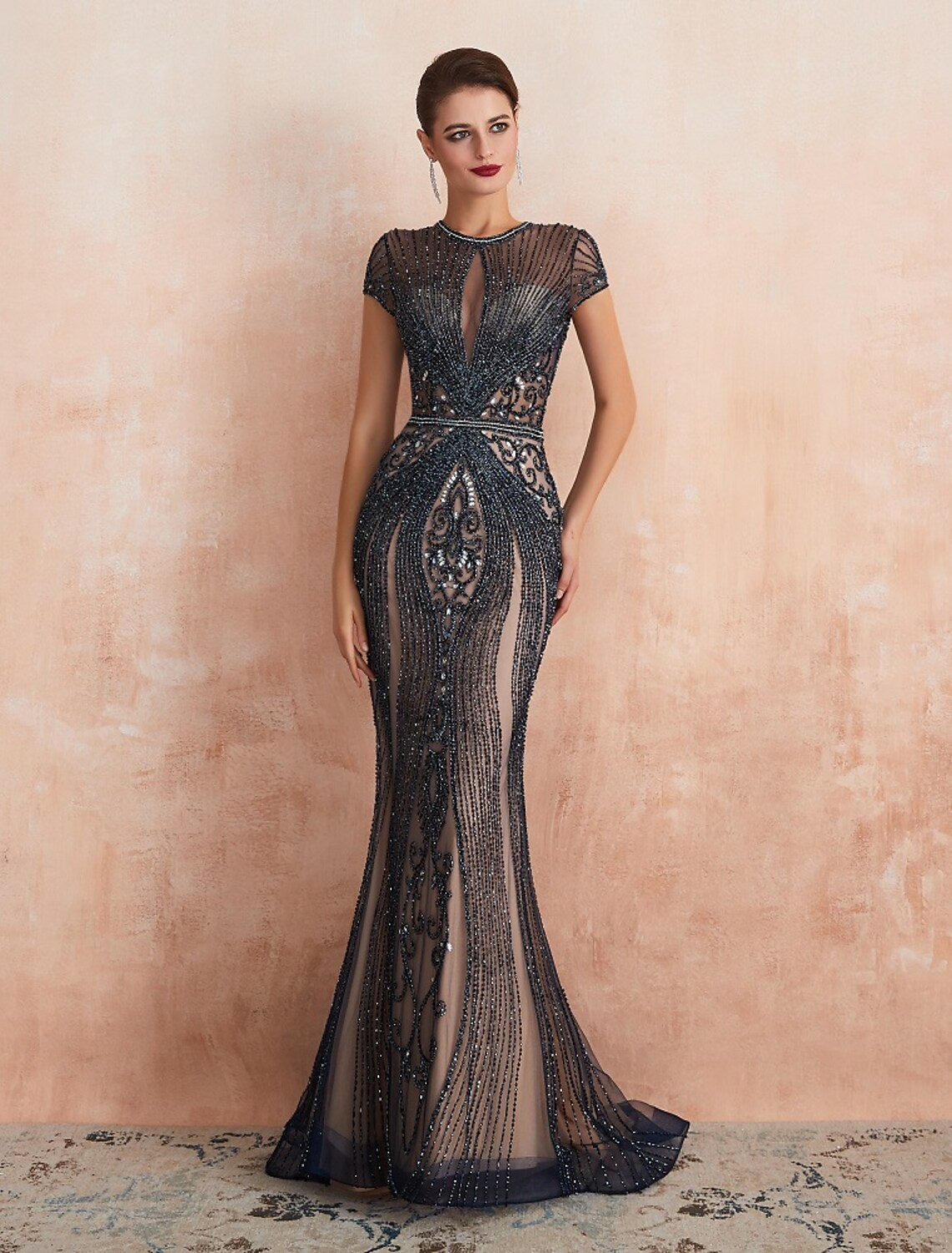 Evening Gown Luxurious Dress Engagement Short Sleeve Jewel Neck Tulle with Beading