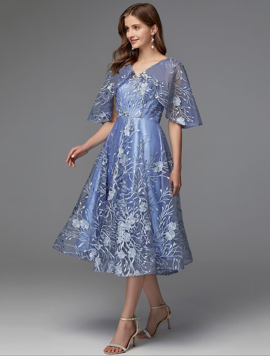 A-Line Floral Dress Wedding Guest Sleeveless V Neck Lace V Back with Pattern Print Appliques