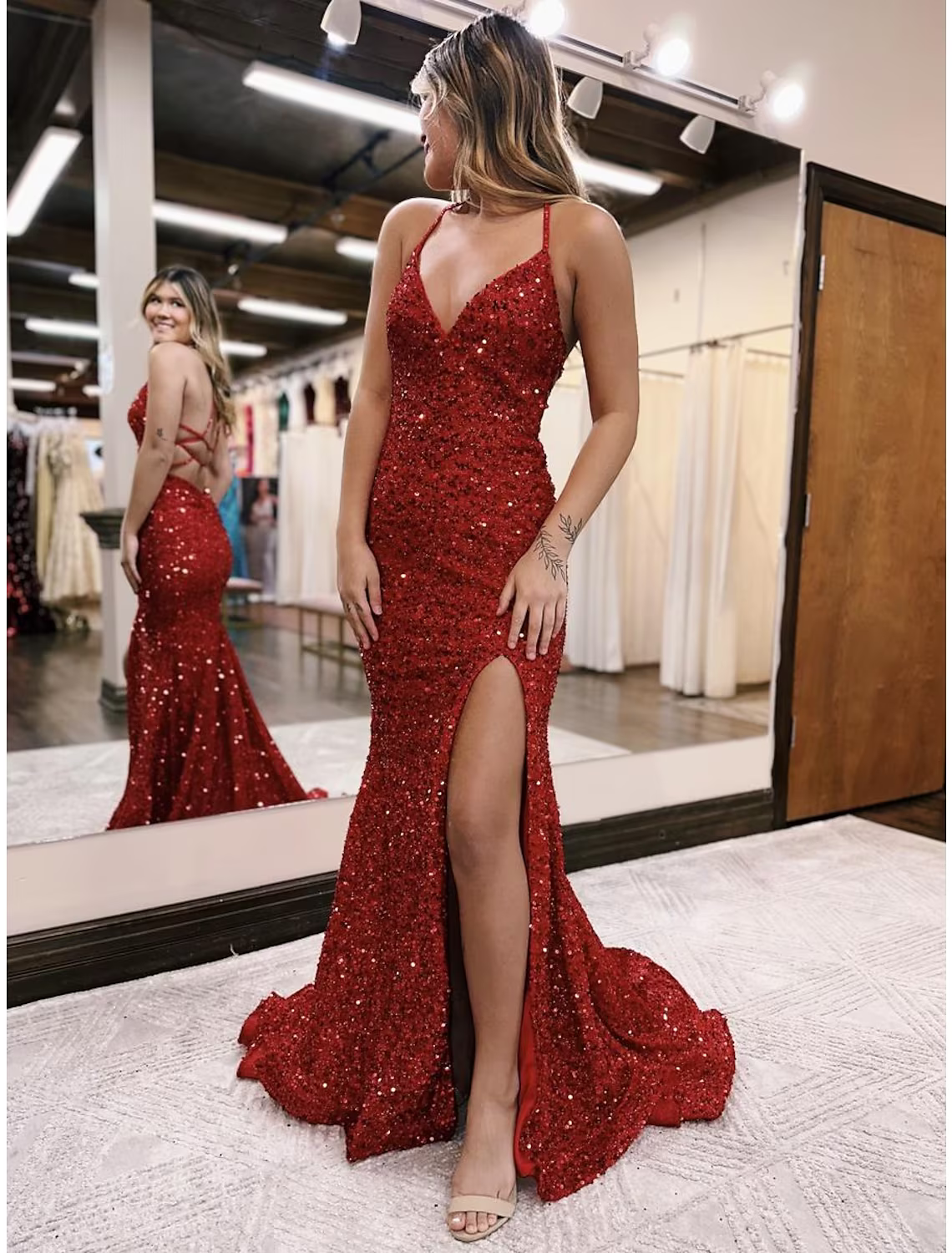 Prom Dresses Sparkle Shine Dress Formal Sleeveless V Neck Sequined Backless with Sequin Slit