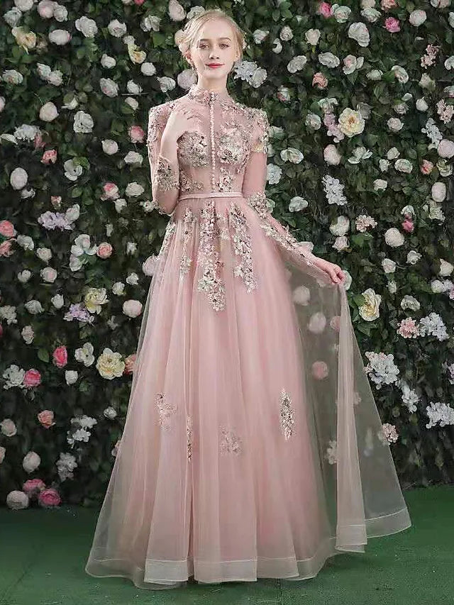 Prom Evening Dress High Neck Long Sleeve Floor Length Embroider