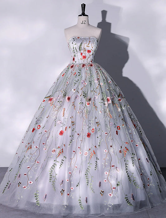 Evening Gown Elegant Dress Quinceanera Floor Length Sleeveless Strapless Lace Embroidery
