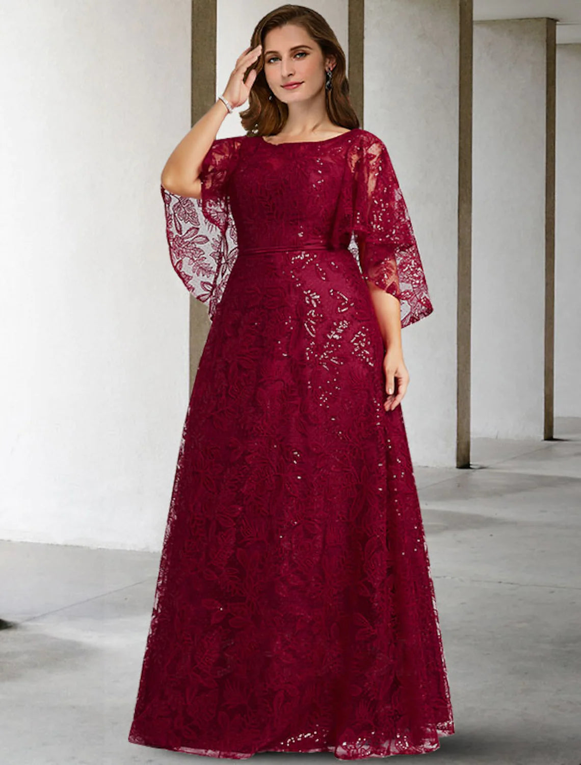A-Line Mother of the Bride Dress Plus Size Elegant Floor Length Lace Half Sleeve No with Sequin Appliques